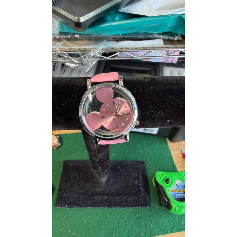 Disney Mickey Mouse Pink Silhouette Transparent Dial Watch B197 Silver Tone Case